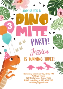 Birthday Invitation Dino Mite White Vertical Girl design preview