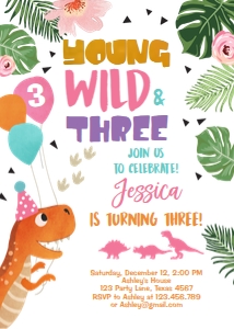 Birthday Invitation Young Wild and Three White Vertical Girl design preview