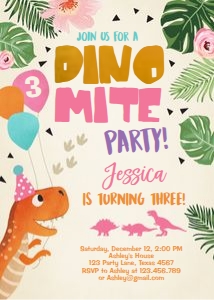 Birthday Invitation Dino Mite Creme Vertical Girl design preview