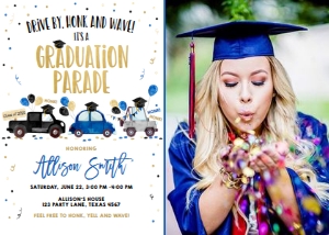 Graduation Invitation Drive By Navy Blue 2 Balloons Vertical Photo design preview