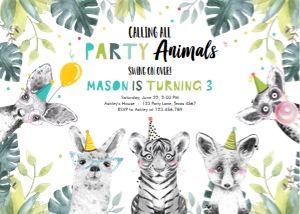 Birthday Invitation Party Animals Zoo Black and White Boy Horizontal design preview