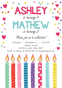 Birthday Invitation Twin Candles Hearts White design preview