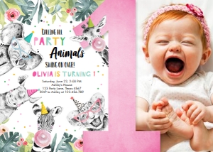 Birthday Invitation Party Animals Black and White Girl Horizontal One design preview