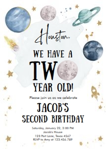 Invitation Space Planets Boy Houston Two Year White v3 design preview