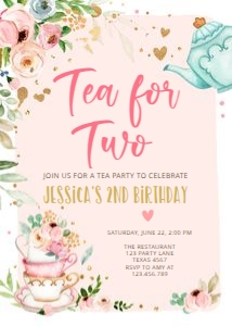 Birthday invitation Tea for Two Coral Vertical V3 design preview
