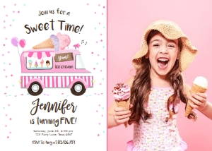 Birthday Invitation Ice Cream Truck Pink Truck Vertical Photo: Birthday Invitation Ice Cream Truck Pink Truck Vertical Photo