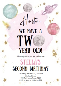 Invitation Space Planets Girl Houston Two Year White v3 design preview