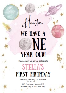Invitation Space Planets Girl Houston One Year White v3 design preview
