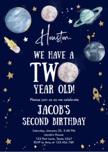 Invitation Space Planets Boy Houston Two Year Dark v3 design preview
