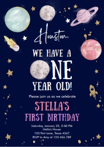 Invitation Space Planets Girl Houston One Year Dark v3 design preview