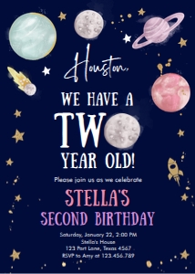 Invitation Space Planets Girl Houston Two Year Dark v3 design preview