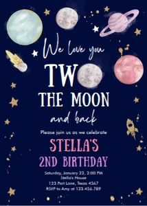 Invitation Space Planets Girl Two The Moon Dark v3 design preview