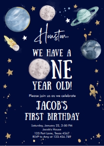Invitation Space Planets Boy Houston One Year Dark v3 design preview