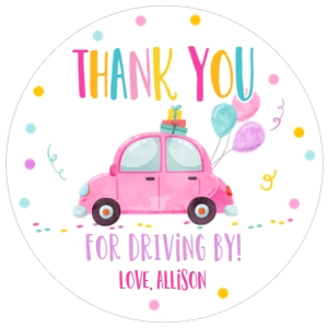 Favor Tags Drive By Car Pink Round: Favor Tags Drive By Car Pink