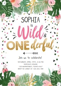 Birthday Invitation Safari Wild and Onederful Girl Tropical Leaves design preview