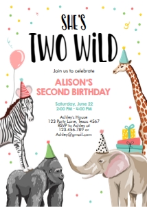 Birthday Invitation Party Animals Two Wild Girl design preview