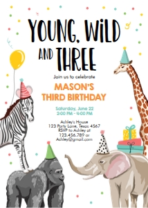 Birthday Invitation Party Animals Wild and Three Boy design preview