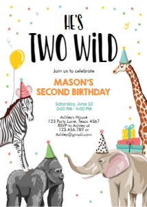 Birthday Invitation Party Animals Two Wild Boy design preview