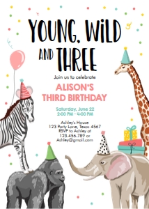 Birthday Invitation Party Animals Wild and Three Girl design preview