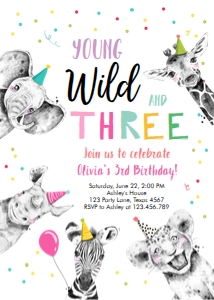 Birthday Invitation Wild Three Animals Black and White Pink Vertical No Leaves design preview