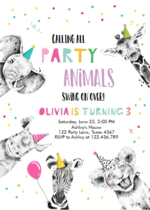 Birthday Invitation Party Animals Black and White Girl Vertical No Leaves design preview