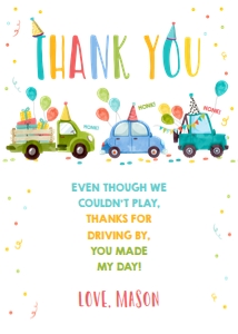 Thank You Card Drive By Boy Party Hats Cars Vertical design preview