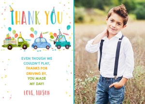 Thank You Card Drive By Boy Party Hats Cars Vertical Photo design preview