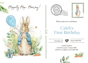 Invitation Birthday Peter Rabbit Blue Postcard Style design preview