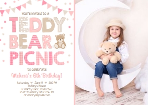 Birthday Invitation Teddy Bear Picnic White Pink Girl Vertical - Photo design preview