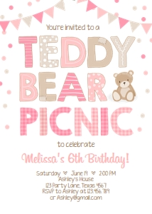 Birthday Invitation Teddy Bear Picnic White Pink Girl Vertical design preview