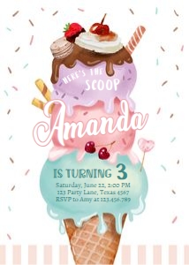 Birthday Invitation Ice Cream Watercolor Pink Purple Mint design preview