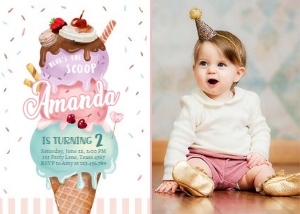 Birthday Invitation Ice Cream Watercolor Pink Purple Mint - Photo design preview