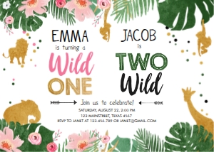 Birthday Invitation Safari Animals Jungle Wild One Girl Two Wild Boy design preview