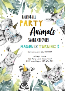 Birthday Invitation Party Animals Black White Gold Boy Vertical design preview