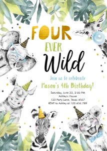 Birthday Invitation Party Animals Black White Gold Four Ever Wild Boy Vertical design preview
