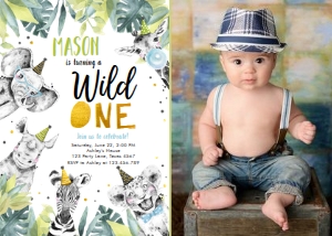 Birthday Invitation Party Animals Black White Gold Wild One Boy Vertical Photo design preview