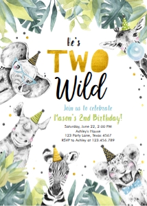 Birthday Invitation Party Animals Black White Gold Two Wild Boy Vertical design preview