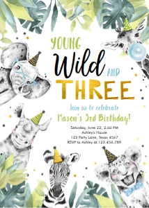 Birthday Invitation Party Animals Black White Gold Young Wild and Three Boy Vertical design preview