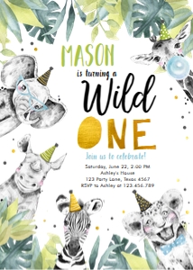 Birthday Invitation Party Animals Black White Gold Wild One Boy Vertical design preview