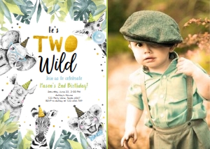 Birthday Invitation Party Animals Black White Gold Two Wild Boy Vertical Photo design preview
