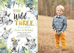 Birthday Invitation Party Animals Black White Gold Young Wild and Three Boy Vertical Photo design preview