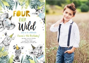 Birthday Invitation Party Animals Black White Gold Four Ever Wild Boy Vertical Photo design preview