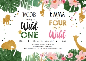 Birthday Invitation Safari Animals Jungle Wild One Young Four Ever Wild Combined design preview
