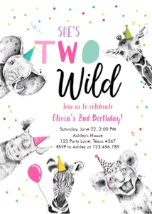 Birthday Invitation Two Wild Animals Black and White Pink Vertical No Leaves design preview