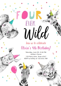 Birthday Invitation Four Ever Wild Animals Black and White Pink Vertical No Leaves design preview