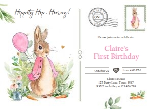Invitation Birthday Flopsy Bunny Pink Postcard Style design preview