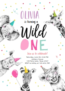 Birthday Invitation Wild One Animals Black and White Pink Vertical No Leaves design preview