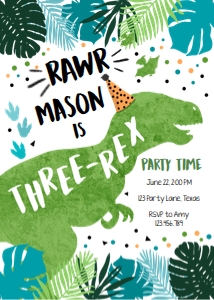 Birthday Invitation Dinosaur T-Rex Three-Rex Vertical Blue Green design preview