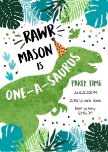 Birthday Invitation Dinosaur T-Rex One-a-Saurus Vertical Blue Green design preview