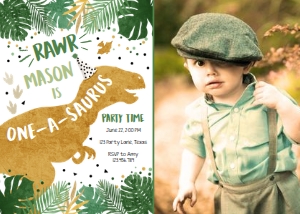Birthday Invitation Gold Dinosaur T-Rex One-A-Saurus Photo design preview